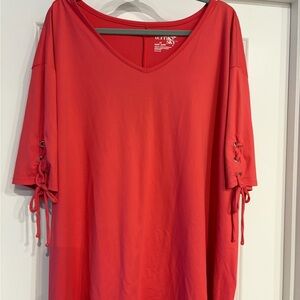 Terra & Sky Red V-Neck Top with Lace-Up Sleeves